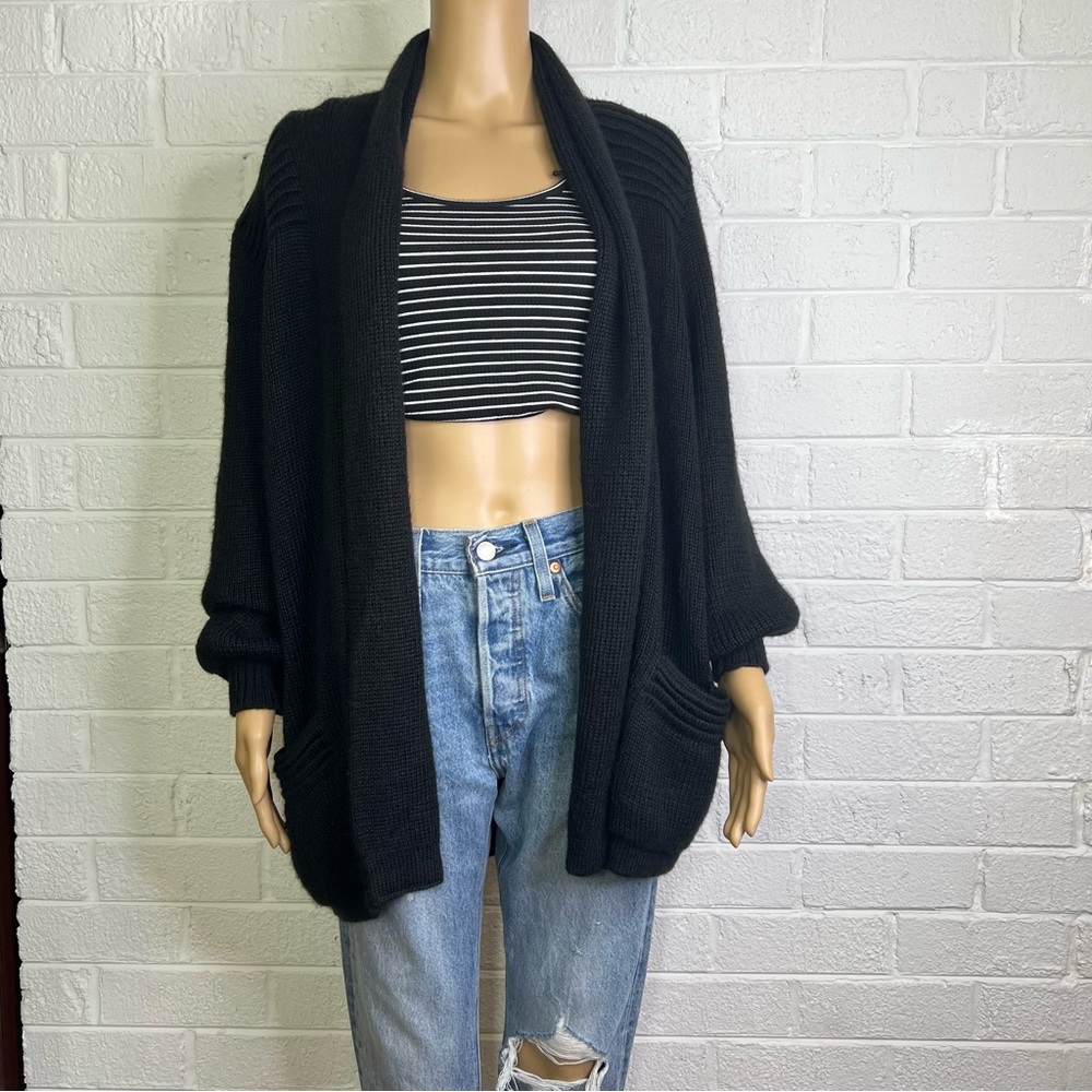 BABY ALPACA BLACK  - WOMENS XL-2XL  LONG SLEEVE OPEN FRONT POCKETS CARDIGAN